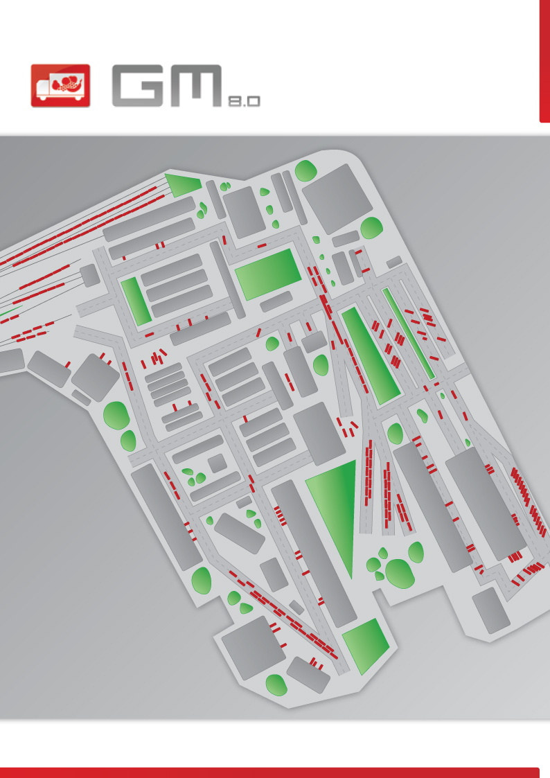 GM 8.0 prospectus: cover and illustrated site map for a wholesale-market software product.
