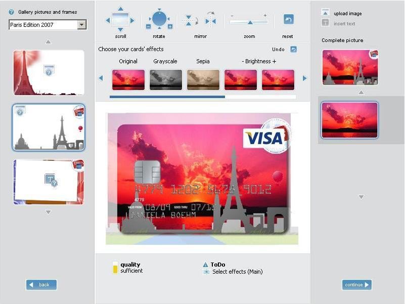 Card-design applet: a self-service flow to design your own payment card, from picture to print.
